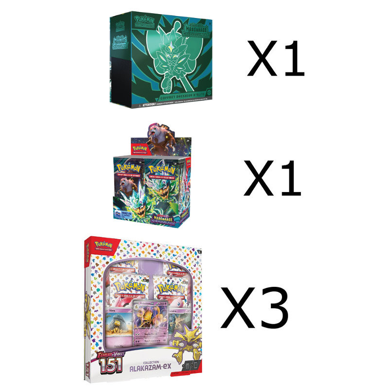 BUNDLE 3 COFFRETS ALAKAZAM EV3.5 + 1 DISPLAY EV06 + 1 ETB EV06 / CARTE POKEMON VF