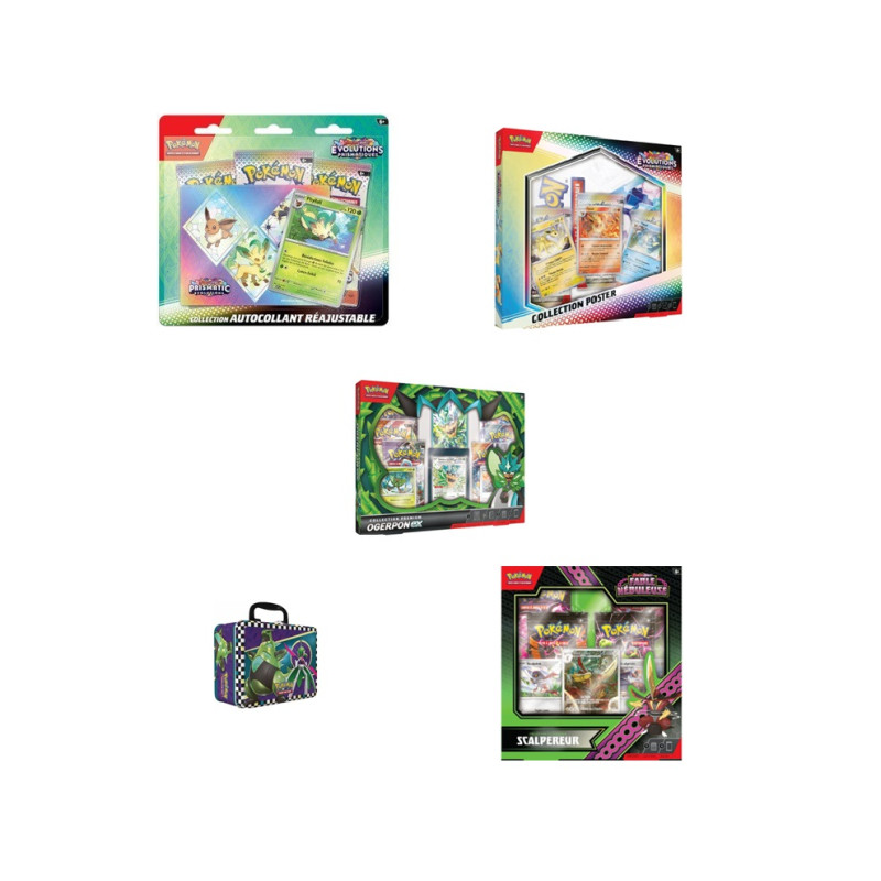 BUNDLE TRI PACK EV8.5 + POSTER EV8.5 + COFFRET OGERPON + COFFRE TRESOR + COFFRET SCALPEREUR / CARTE POKEMON VF